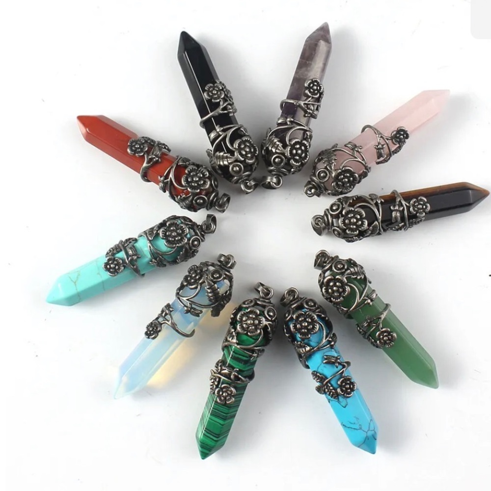 Turquoise quartz crystal pendant in pewter setting & Free Sterling Silver Chain